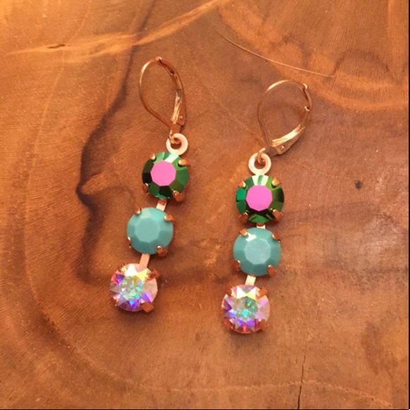 Jewelry - Peacock, turquoise + Aurora Borealis Crystal Drop Earrings